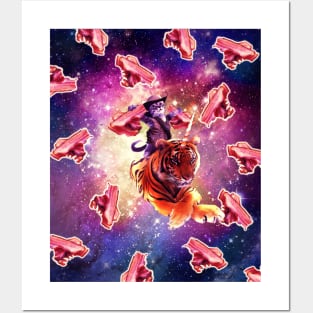 Cowboy Space Cat On Tiger Unicorn - Bacon Posters and Art